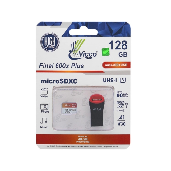 تصویر کارت حافظه microSDXC ویکومن مدل Final 600x plus کلاس 10 استاندارد UHS-I U3 سرعت 90MBs ظرفیت 128 گیگابایت به همراه آداپتور SD