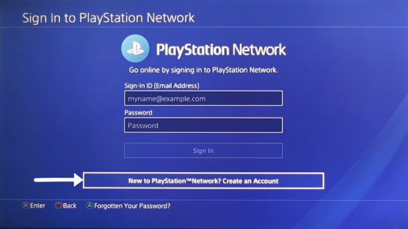 6. در این قسمت از ساخت اکانت PS4 نیاز به پرکردن گزینه های ایمیل و رمز عبور نیست. در عوض روی New to PlayStation Network? Create an Account کلیک کنید.