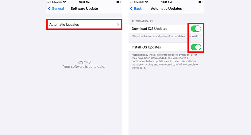 در این قسمت دکمه Download iOS Updates و Install iOS Updates را فعال کرده تا به رنگ سبز نمایش داده شود.