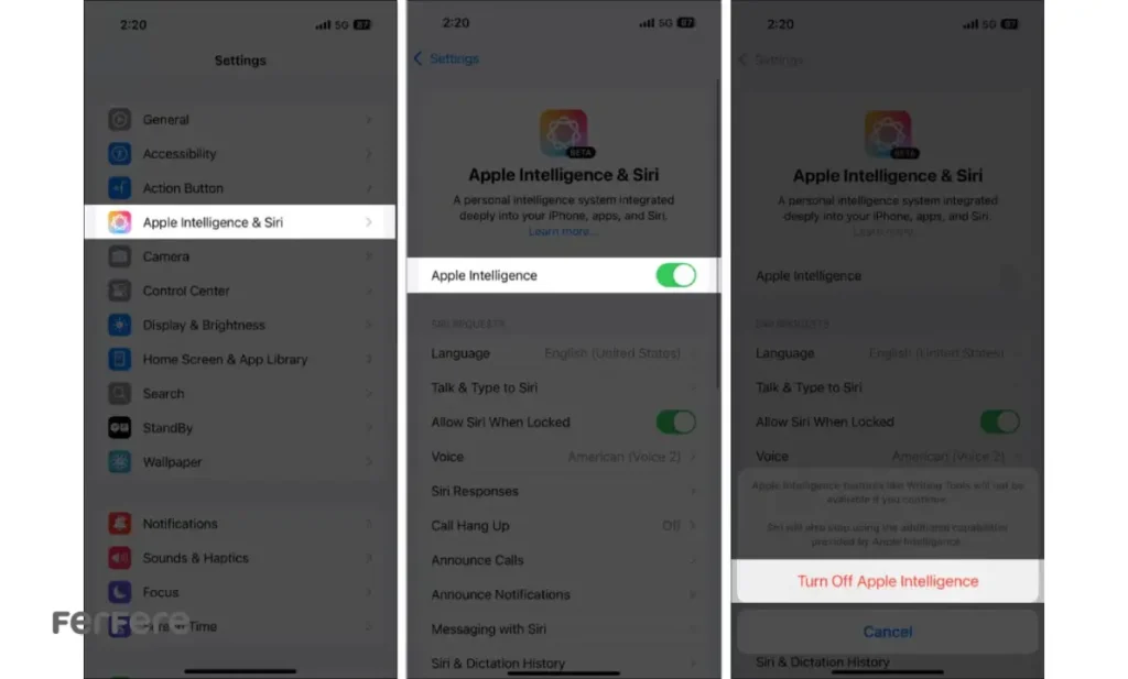 غیرفعال کردن Apple Intelligence آیفون