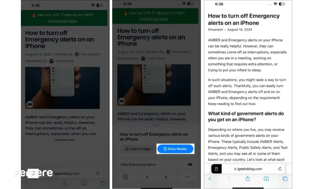 حالت Reader Mode در Safari آیفون