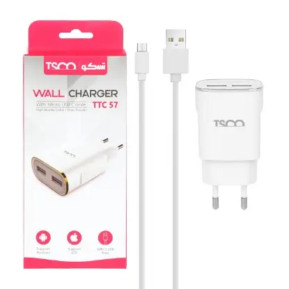 مشخصات و ابعاد شارژر دیواری تسکو مدل TTC 57 به همراه کابل تبدیل microUSB