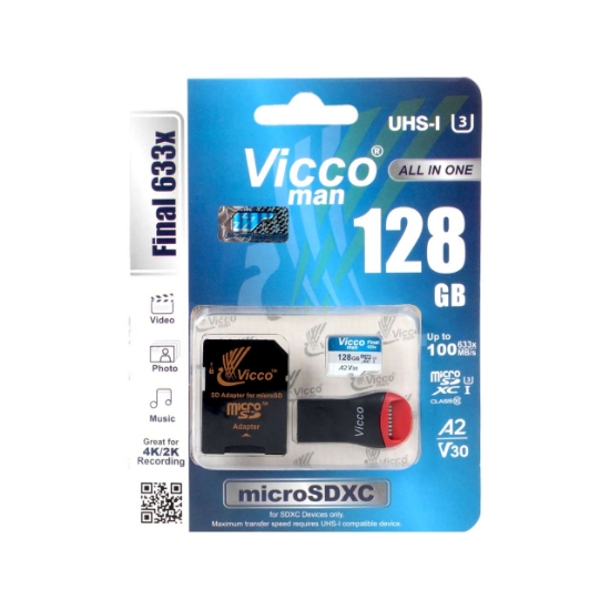 تصویر کارت حافظه‌ microSDXC ویکومن مدل 633X کلاس 10 استاندارد UHS-I U3 سرعت ظرفیت 128 گیگابایت به همراه کارتخوان و آداپتور