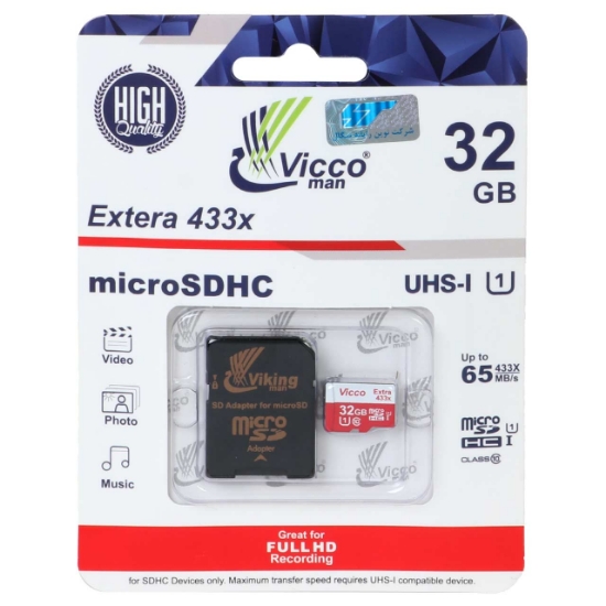 تصویر کارت حافظه microSDHC ویکومن مدل Extra 433X کلاس 10 استاندارد UHS-I U1 سرعت 65MBps ظرفیت 32 گیگابایت به همراه آداپتور