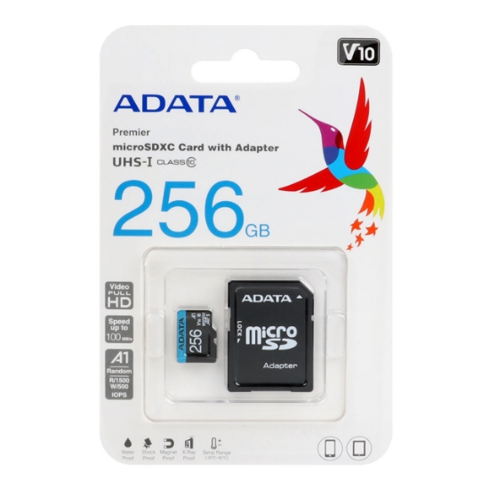 تصویر کارت حافظه microSDXC ای دیتا مدل premier کلاس 10 U1 سرعت 100MB/sو ظرفیت 256 گیگابایت به همراه آداپتور SD