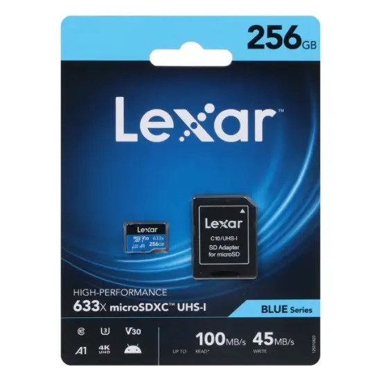 تصویر کارت حافظه microSDXC لکسار مدل 633X کلاس 10 استاندارد UHS-I سرعت 100MBps ظرفیت 256 گیگابایت به همراه آداپتور SD