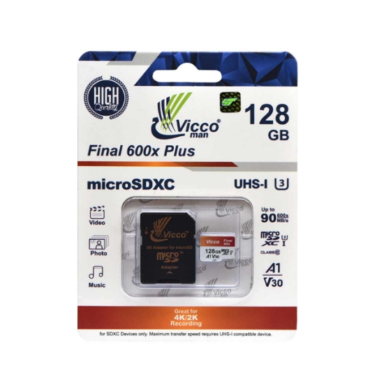 تصویر کارت حافظه microSDXC ویکومن مدل 600X Plus کلاس 10 استاندارد UHS-I U3 سرعت 90MBps ظرفیت 128 گیگابایت به همراه آداپتور SD