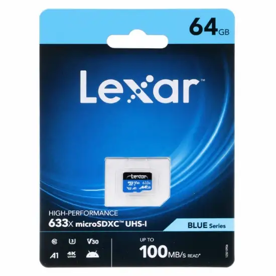 تصویر کارت حافظه‌ microSDXC لکسار مدل 633X کلاس 10 استاندارد UHS-I U3 سرعت ظرفیت 64 گیگابایت