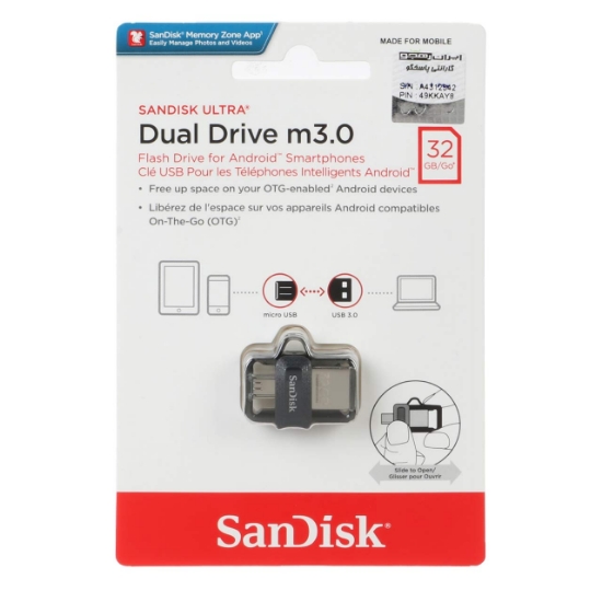 تصویر فلش مموری سن دیسک مدل Ultra Dual Drive M3.0 OTG USB3.0 ظرفیت 32 گیگابایت
