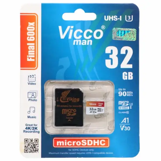 تصویر کارت حافظه microSDHC ویکو من مدل Final 600X کلاس 10 استاندارد UHS-I U3 سرعت 90MBps ظرفیت 32 گیگابایت همراه با آداپتور SD