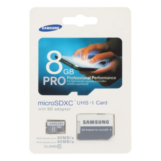 تصویر کارت حافظه microSDXC سامسونگ مدل PRO کلاس 10 استاندارد UHS-I U1 سرعت 90MBps همراه با آداپتور ظرفیت 8 گیگابایت