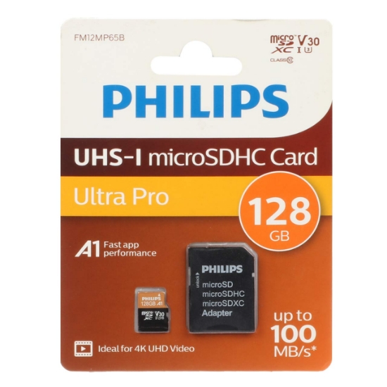 تصویر کارت حافظه microSDHC فیلیپس مدل Ultra Pro کلاس 10 U3 سرعت 100MB/sو ظرفیت 128 گیگابایت به همراه آداپتور SD