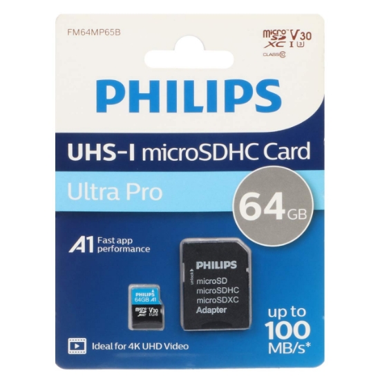 تصویر کارت حافظه microSDHC فیلیپس مدل Ultra Pro کلاس 10 U3 سرعت 100MB/sو ظرفیت 64 گیگابایت به همراه آداپتور SD