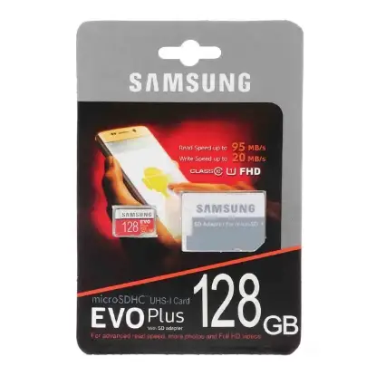 نمایش جزئیات کارت حافظه microSDXC سامسونگ مدل Evo Plus کلاس 10 استاندارد UHS-I U3 سرعت 95MBps همراه با آداپتور SD ظرفیت 128 گیگابایت