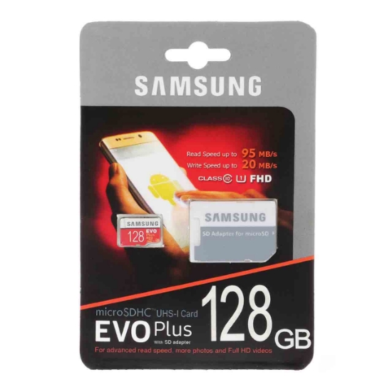 تصویر کارت حافظه microSDXC سامسونگ مدل Evo Plus کلاس 10 استاندارد UHS-I U3 سرعت 95MBps همراه با آداپتور SD ظرفیت 128 گیگابایت