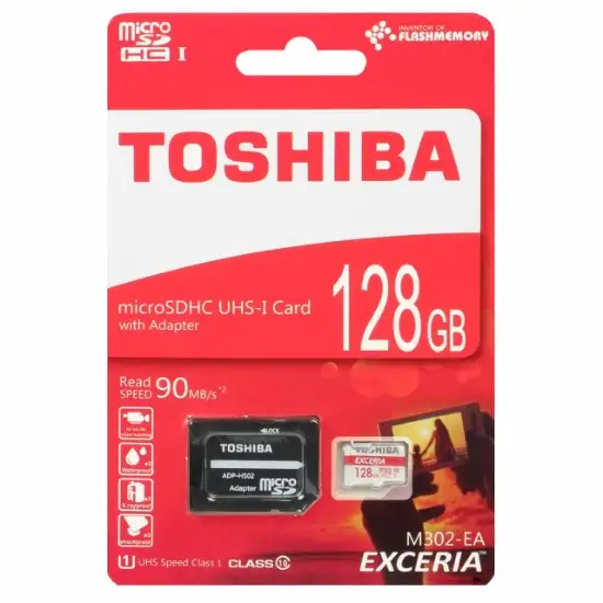 تصویر کارت حافظه microSDHC توشیبا مدل EXCERIA M302-EA کلاس 10 استاندارد UHS-I U1 سرعت 90MBps ظرفیت 128 گیگابایت همراه با آداپتور SD