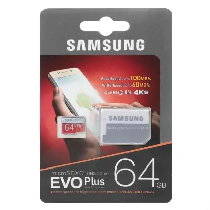 نمایش جزئیات کارت حافظه microSDXC سامسونگ مدل Evo Plus کلاس 10 استاندارد UHS-I U3 سرعت 100MBps همراه با آداپتور SD ظرفیت64 گیگابایت