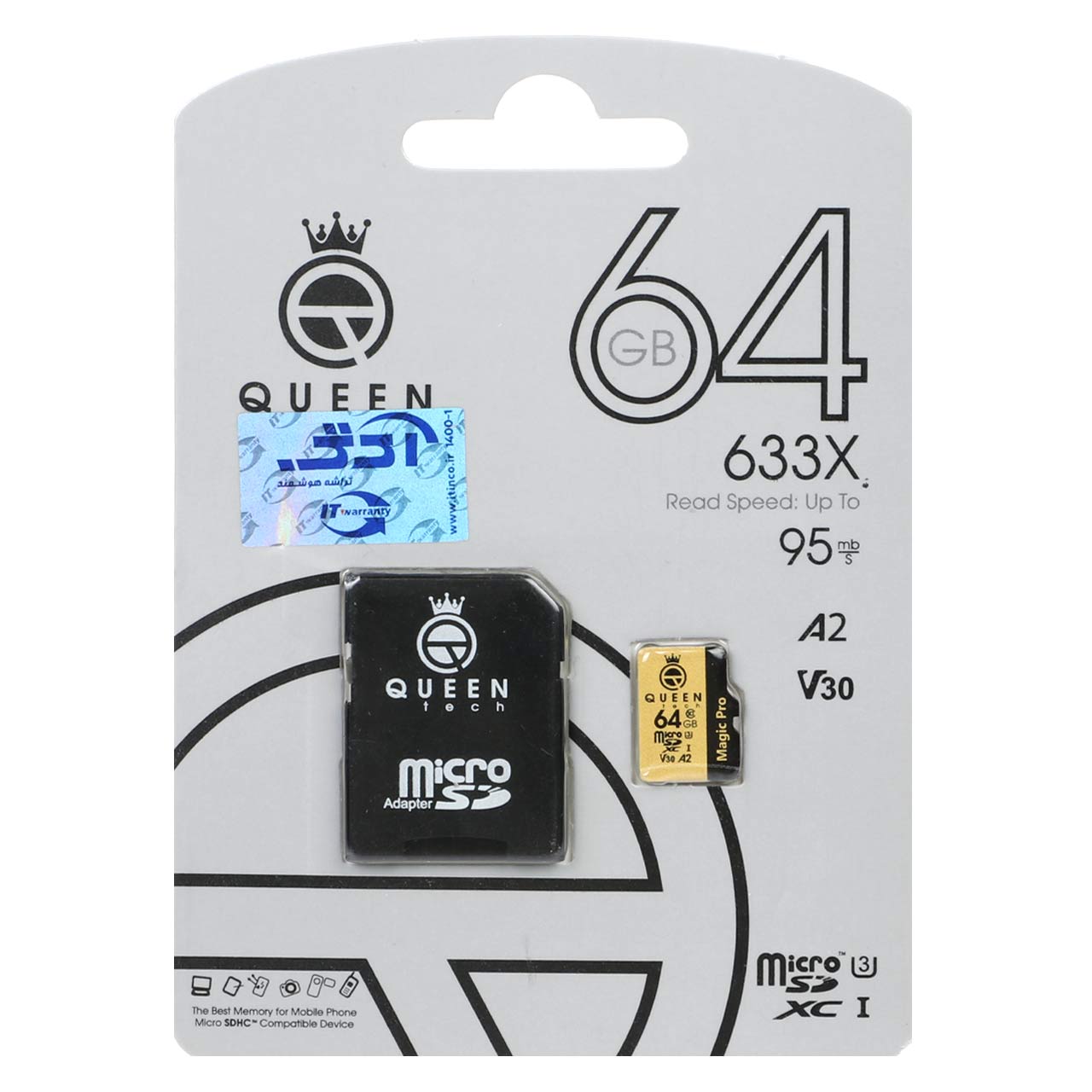 کارت حافظه Micro SD HC کوئین تک مدل A2-V30-633X کلاس 10 استاندارد UHS-l U3 سرعت 95MBps ظرفیت 64 گیگابایت به همراه آداپتور SD