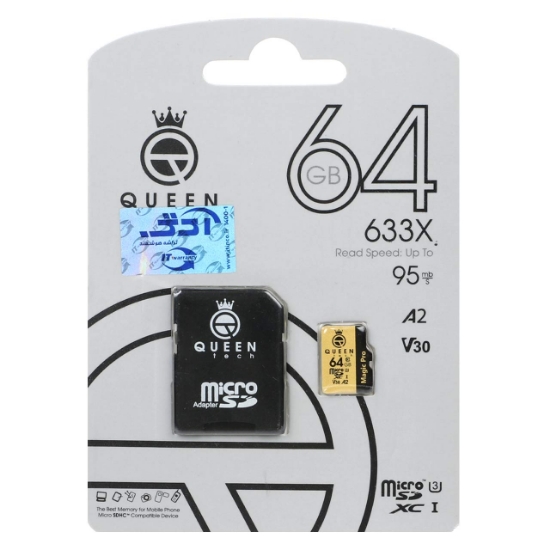 تصویر کارت حافظه Micro SD HC کوئین تک مدل A2-V30-633X کلاس 10 استاندارد UHS-l U3 سرعت 95MBps ظرفیت 64 گیگابایت به همراه آداپتور SD