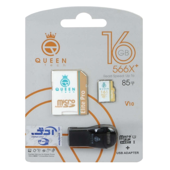 تصویر کارت حافظه microSDHC کوئین تک مدل plus 566X کلاس 10 استاندارد UHS-I U1 سرعت 85MBps ظرفیت 16 گیگابایت به همراه آداپتور SD و کارت خوان