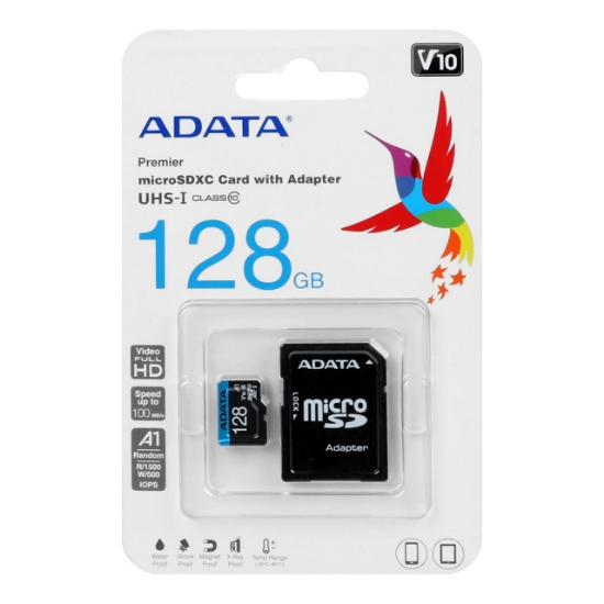تصویر کارت حافظه microSDXC ای دیتا مدل Premier V10 A1 کلاس 10 استاندارد UHS-I سرعت 100MBps ظرفیت 128 گیگابایت