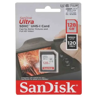 نمایش جزئیات کارت حافظه microSDXC سن دیسک مدل Ultra کلاس 10 U1 سرعت 120MB/sو ظرفیت 128 گیگابایت مخصوص دوربین عکاسی