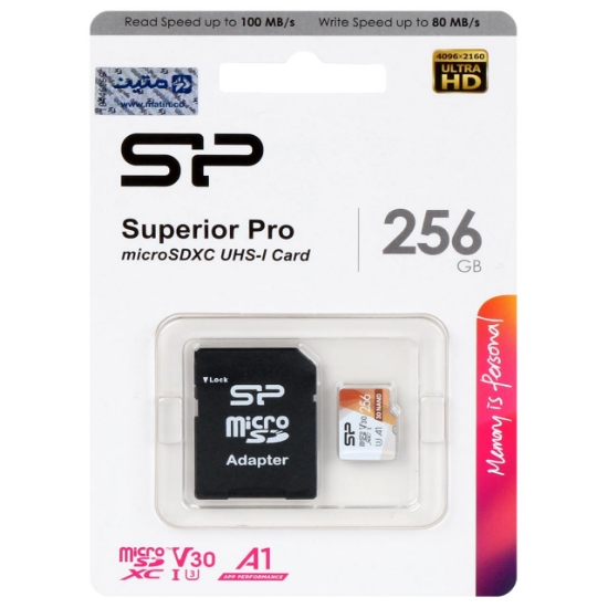 تصویر کارت حافظه microSDXC سیلیکون پاور مدل Superior pro کلاس 10 استاندارد UHS-I U3 سرعت 100MBps ظرفیت 256 گیگابایت به همراه آداپتور SD