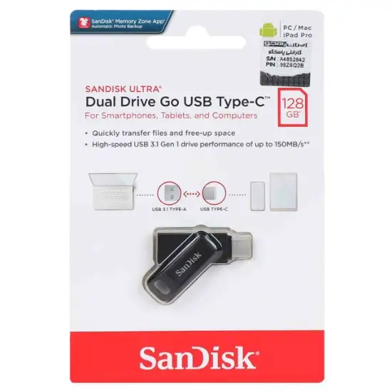 تصویر فلش مموری سن دیسک مدل Ultra Dual Drive GO USB Type-C ظرفیت 128گیگابایت