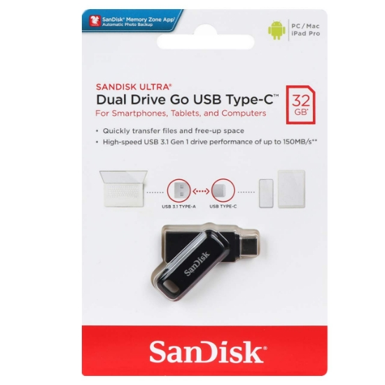 تصویر فلش مموری سن دیسک مدل Ultra Dual Drive Go USB3.1 ظرفیت 32 گیگابایت