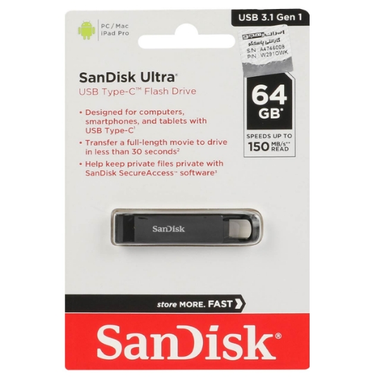 تصویر فلش مموری سن دیسک مدل Ultra USB Type-C USB3.1 Gen1 ظرفیت 64 گیگابایت
