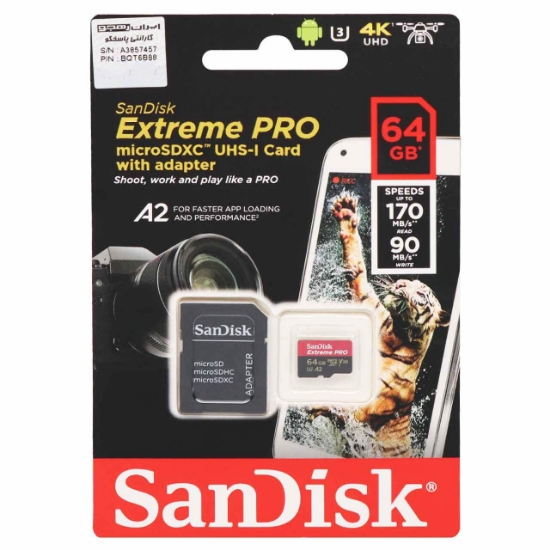 تصویر کارت حافظه microSDXC سن دیسک مدل Extreme PRO کلاس A2 استاندارد UHS-I U3 سرعت 170MBs ظرفیت 64 گیگابایت به همراه آداپتور SD