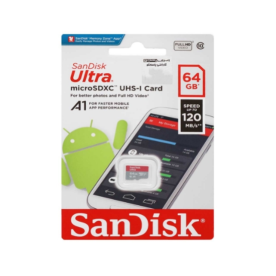 تصویر کارت حافظه microSDXC سن دیسک مدل Ultra A1 کلاس 10 استاندارد UHS-I سرعت 120MBps ظرفیت 64 گیگابایت