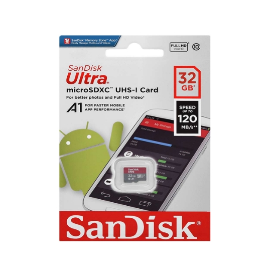 تصویر کارت حافظه microSDHC سن دیسک مدل Ultra A1 کلاس 10 استاندارد UHS-I سرعت 120MBps ظرفیت 32 گیگابایت