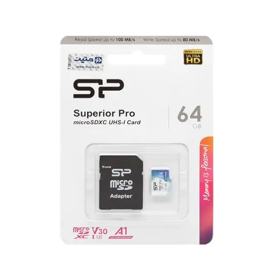 تصویر کارت حافظه microSDXC سیلیکون پاور مدل Superior Pro کلاس 10 استاندارد UHS-I U3 سرعت 100MBps ظرفیت 64 گیگابایت به همراه آداپتور SD