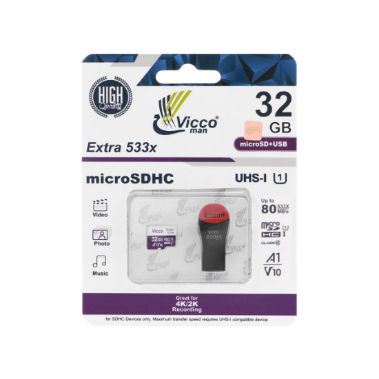 تصویر کارت حافظه microSDHC ویکومن مدل Extre533X کلاس 10 استاندارد UHS-I U1 سرعت 80MBps ظرفیت 32گیگابایت همراه کارت خوان