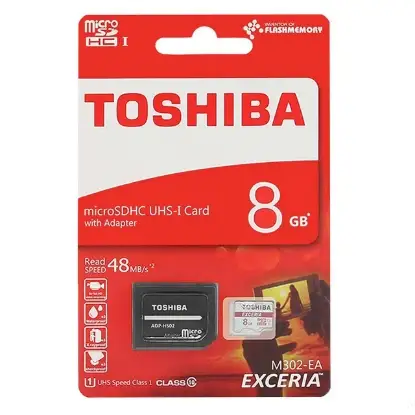 نمایش جزئیات کارت حافظه microSDXC توشیبا مدل EXCERIA M302-EA کلاس 10 استاندارد UHS-I U1 سرعت 48MBps ظرفیت 8گیگابایت به همراه آداپتور SD