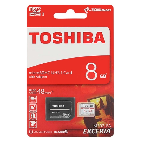 تصویر کارت حافظه microSDXC توشیبا مدل EXCERIA M302-EA کلاس 10 استاندارد UHS-I U1 سرعت 48MBps ظرفیت 8گیگابایت به همراه آداپتور SD
