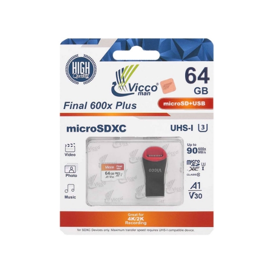 تصویر کارت حافظه microSDXC ویکو من مدل Final 600X Plus کلاس 10 استاندارد UHS-I U3 سرعت 90MBps ظرفیت 64گیگابایت همراه با کارت خوان