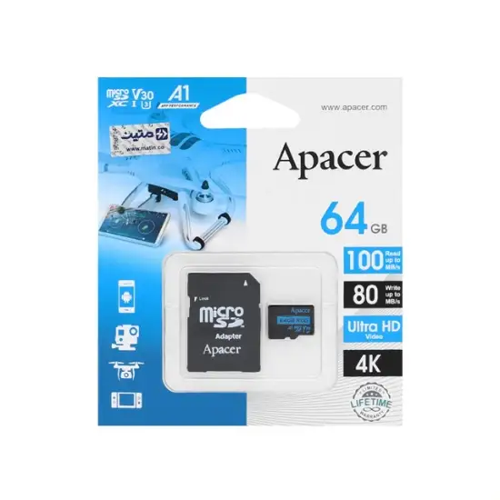 تصویر کارت حافظه microSDXC اپیسر مدل V30 کلاس 10 استاندارد UHS-I U3 سرعت 80MBps ظرفیت64گیگابایت به همراه آداپتور SD