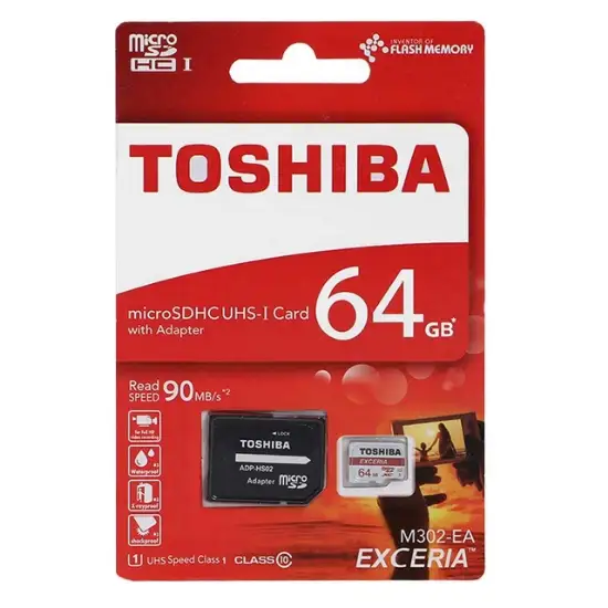 تصویر کارت حافظه microSDHC توشیبا مدل EXCERIA M302-EA کلاس 10 استاندارد UHS-I U1 سرعت 90MBps ظرفیت64 گیگابایت همراه با آداپتور SD