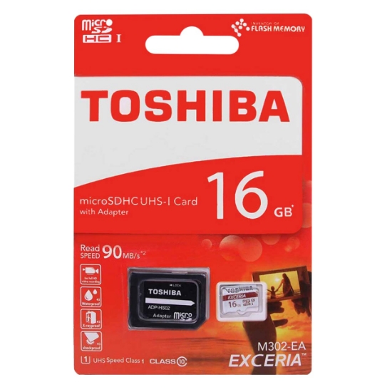 تصویر کارت حافظه microSDHC توشیبا مدل EXCERIA M302-EA کلاس 10 استاندارد UHS-I U1 سرعت 90MBps ظرفیت16 گیگابایت همراه با آداپتور SD