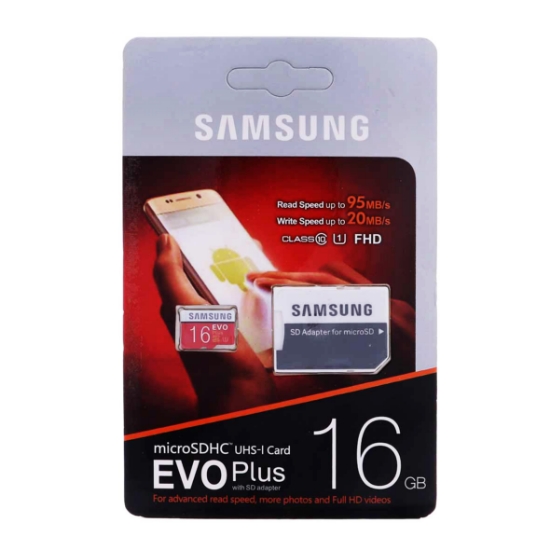 تصویر کارت حافظه سامسونگ microSDHC مدل Evo Plus کلاس 10 استاندارد UHS-I U1 سرعت 95MBps همراه با آداپتور SD ظرفیت 16 گیگابایت