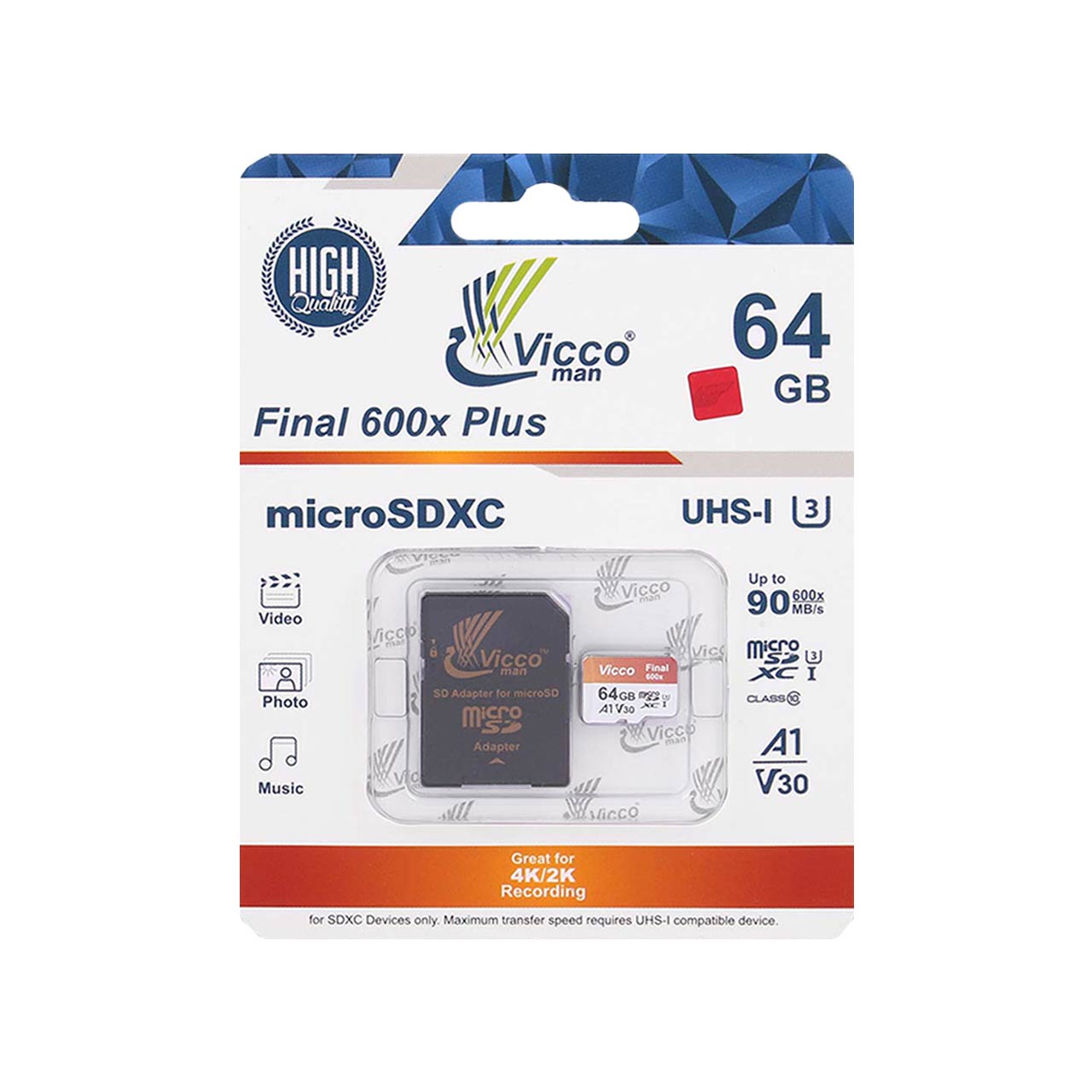 کارت حافظه microSDXC ویکومن مدل 600x plus کلاس 10 استاندارد UHS-I U3 سرعت 90MBs ظرفیت 64 گیگابایت به همراه آداپتور SD