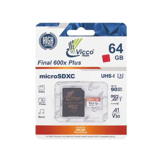 تصویر کارت حافظه microSDXC ویکومن مدل 600x plus کلاس 10 استاندارد UHS-I U3 سرعت 90MBs ظرفیت 64 گیگابایت به همراه آداپتور SD