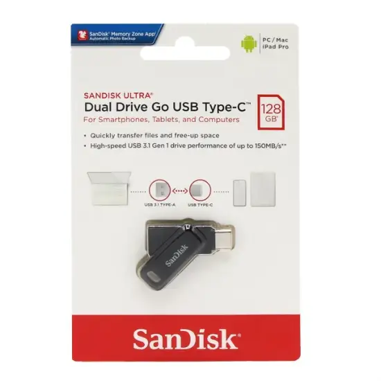 تصویر فلش مموری سن دیسک مدل Ultra Dual Drive Go USB Type-C ظرفیت 128 گیگابایت
