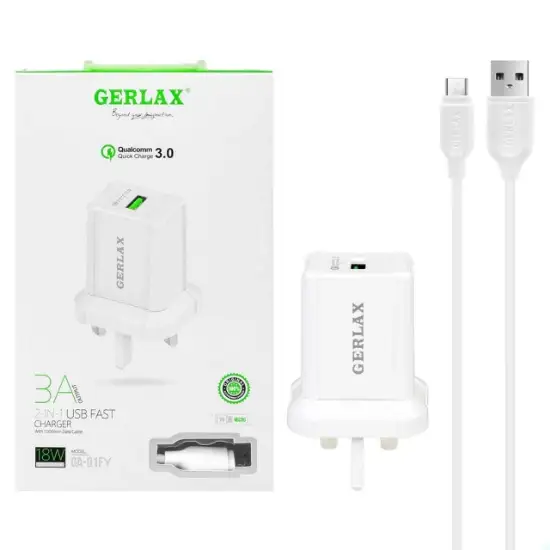 تصویر شارژر دیواری فست 18W تک پورت GERLAX مدل GA-01FY به همراه کابل شارژ اندروید