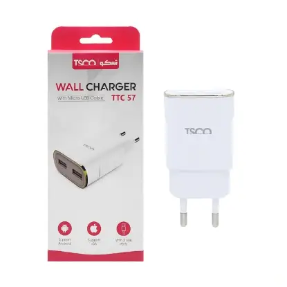 نمایش جزئیات شارژر دیواری فست شارژ دو پورت تسکو TTC57 همراه با کابل Micro-USB