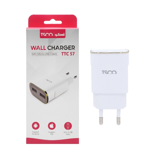 تصویر شارژر دیواری فست شارژ دو پورت تسکو TTC57 همراه با کابل Micro-USB