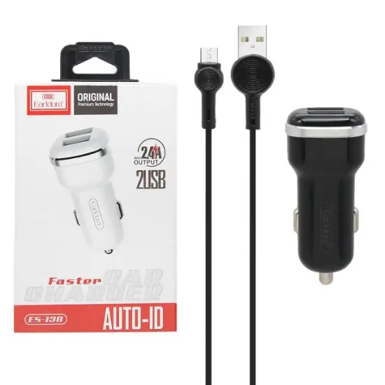 تصویر شارژر فندکی 12وات فست شارژ دو پورت ارلدام مدل ES-138 به همراه کابل Micro-USB