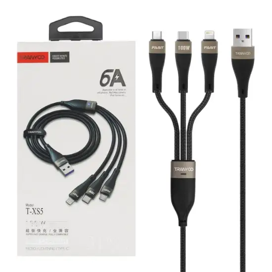 تصویر کابل تبدیل USB به micro usb / usb-c / Lightning ترانیو مدل T-XS5 طول 1.2 متر